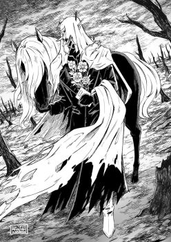 Rule 34 | 1boy, artist name, bare tree, boots, charon (reverse:1999), coat, covered face, dutch angle, flower, full body, gloves, greyscale, holding, holding notebook, horse, male focus, monochrome, notebook, oscar fong, outdoors, poppy (flower), reverse:1999, solo, thorns, tree, veil