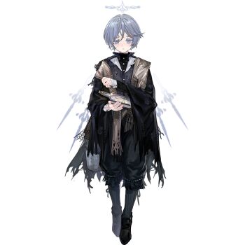 1boy aged_down andoain_(arknights) andoain_(young)_(arknights) arknights black_pantyhose black_shoes black_shorts blue_eyes blue_hair bottle brown_scarf chuzenji closed_mouth energy_wings full_body halo holding holding_bottle long_sleeves looking_at_viewer male_focus official_alternate_costume official_art pantyhose patch patchwork_clothes scarf shoes short_hair shorts simple_background sleeves_past_wrists solo standing striped_clothes striped_pantyhose tachi-e third-party_source transparent_background vertical-striped_clothes vertical-striped_pantyhose