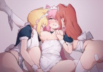 Rule 34 | 3girls, all fours, animal ear fluff, animal ears, apron, ass, back bow, black shirt, blonde hair, blue eyes, blush, bocchi the rock!, bow, breast sucking, breasts, breasts out, cat ears, cat girl, cat tail, chinese commentary, closed eyes, commentary, deep skin, drooling, extra ears, fff threesome, fingering, frilled apron, frills, girl sandwich, gotoh hitori, grabbing another's breast, grey background, groping, group sex, hair between eyes, happy sex, heart, heart-shaped pupils, ijichi nijika, kemonomimi mode, kita ikuyo, large breasts, long hair, lying, maid, maid apron, maid headdress, mouth drool, multiple girls, nipples, no panties, official alternate costume, on back, one side up, open mouth, out-of-frame censoring, pink hair, puffy short sleeves, puffy sleeves, red hair, saliva, sandwiched, shirt, short sleeves, sidelocks, simple background, skindentation, smile, spread legs, symbol-shaped pupils, tail, thighhighs, thighs, threesome, weapon, white bow, white thighhighs, white wrist cuffs, wrist cuffs, xian ovo, yuri