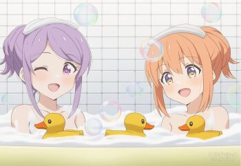 2girls alternate_hairstyle bare_shoulders bathroom bathtub blush collarbone dot_nose female_focus hair_between_eyes koisuru_asteroid konohata_mira long_hair looking_at_viewer multicolored_eyes multiple_girls nekofilter one_eye_closed open_mouth orange_hair purple_eyes purple_hair rubber_duck soap_bubbles suzuya_moe towel towel_on_head twitter_username upper_body