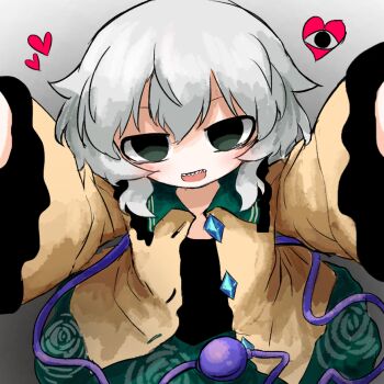 1girl buttons collared_shirt commentary_request contrast_collar diamond_button disembodied_linked_eye eyeball floral_print frilled_shirt_collar frilled_sleeves frills gradient_background green_eyes green_skirt grey_background grey_hair heart heripantomorrow komeiji_koishi long_sleeves looking_at_viewer missing_headwear open_clothes open_mouth open_shirt print_skirt rose_print sharp_teeth shirt skirt solo teeth touhou upper_teeth_only wide_sleeves yellow_shirt