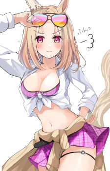 Rule 34 | 1girl, animal ears, blonde hair, blush, breasts, brown hair, crown, ear covers, ear ornament, gradient eyes, hanamura pink, highres, horse ears, horse girl, horse tail, long sleeves, looking at viewer, medium hair, mini crown, multicolored eyes, narita top road (umamusume), purple eyes, rainbow gradient, shirt, short hair, single ear cover, smile, solo, swimsuit, tail, tinted eyewear, umamusume