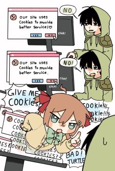 Rule 34 | 1boy, 1girl, absurdres, ahoge, black hair, blush stickers, bow, bowtie, brown hair, capelet, cardigan, commentary, cookie, cursor, english commentary, english text, food, from side, green bow, green bowtie, green capelet, green hoodie, hair between eyes, hair ornament, hair ribbon, heart, heart hair ornament, highres, hood, hoodie, index finger raised, long hair, long sleeves, monitor, neuro-sama, open mouth, owo uou, red ribbon, ribbon, short hair, solid eyes, speech bubble, through medium, through screen, two side up, vedal987, vedal ai, yellow cardigan