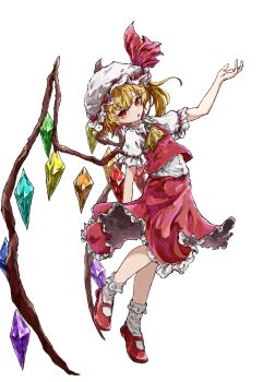 1girl ascot blonde_hair commentary crystal crystal_wings flandre_scarlet full_body hat hat_ribbon highres looking_at_viewer mary_janes mob_cap multicolored_wings myui17901139 one_side_up open_mouth puffy_short_sleeves puffy_sleeves red_eyes red_shoes red_skirt red_vest ribbon shoes short_sleeves simple_background skirt skirt_set socks solo touhou vest white_background white_hat white_socks wings yellow_ascot