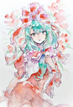 Rule 34 | 1girl, absurdres, arm ribbon, bow, commentary request, dress, frilled bow, frilled ribbon, frills, green eyes, green hair, hair bow, hair ribbon, highres, kagiyama hina, long hair, looking at viewer, navybluesparrow, painting (medium), partial commentary, red bow, red dress, red ribbon, ribbon, solo, touhou, traditional media, watercolor (medium), watermark