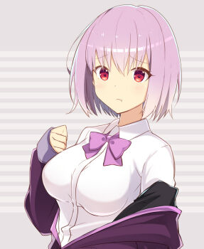 Rule 34 | 1girl, 2018, blush, bow, breasts, commentary request, gridman universe, large breasts, light frown, looking at viewer, pink bow, pink hair, red eyes, shinjou akane, solo, ssss.gridman, striped background, user mnzt4342