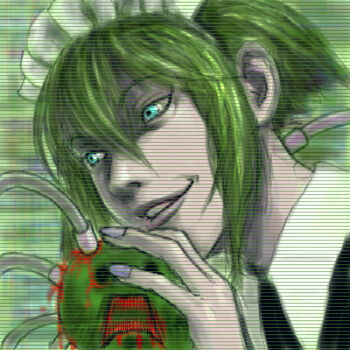 1girl android blood blue_eyes cable close-up evil_grin evil_smile female_focus green_hair grin holding iya_maid lips lowres maid maid_headdress marimo nail_polish o_o open_mouth original pain short_hair smile solo teeth