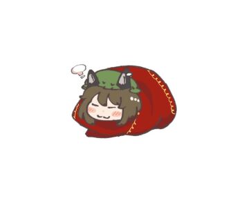 1girl animal_ears brown_hair cat_ears cat_girl chen comfy full_body green_hat hat marikirimori mob_cap short_hair simple_background solo touhou white_background