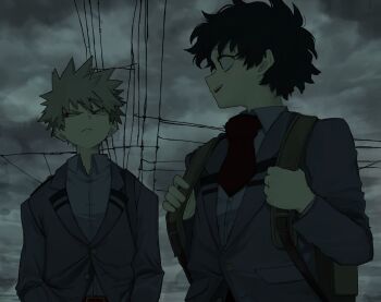 2boys arms_up backpack bag bakugou_katsuki bn_56s boku_no_hero_academia closed_mouth cloud cloudy_sky collared_shirt frown grey_jacket grey_sky highres jacket lapels looking_to_the_side male_focus midoriya_izuku multiple_boys necktie notched_lapels open_collar open_mouth outdoors power_lines red_eyes shirt short_hair sideways_glance sky smile spiked_hair suit_jacket upper_body wing_collar