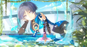 3boys absurdres anemo_symbol_(genshin_impact) armor barefoot belt black_belt black_bodysuit black_hat black_kimono black_shorts black_sleeves blue_cape blue_eyes blue_gem blue_halo blue_kimono blue_sky blunt_ends bodysuit bow bright_pupils cape clothing_cutout cloud cloudy_sky commentary_request elbow_rest feathers fingernails floral_print_veil flower fountain frilled_sleeves frills gem genshin_impact giant glint gold grass grey_hair halo halo_behind_head hand_on_own_chest hand_on_own_face hand_on_own_thigh hands_up hat head_down highres hip_vent japanese_armor japanese_clothes jingasa juban kariginu kimono kote kurokote layered_sleeves legs_together lily_(flower) lily_pad long_sleeves looking_at_another looking_down lying mandala mandarin_collar merlion multicolored_hair multiple_boys multiple_persona o-ring on_stomach open_mouth pants pink_sleeves pink_veil plant pom_pom_(clothes) purple_bow purple_hair purple_rope purple_sash purple_sleeves red_hat red_kimono red_sash rope sash scaramouche_(genshin_impact) scaramouche_(kabukimono)_(genshin_impact) shimenawa short_sleeves shorts shoulder_cutout sitting sky streaked_hair string suyi42478390 veil vines vision_(genshin_impact) wanderer_(genshin_impact) white_flower white_kimono white_mouth white_pants white_pupils white_rope white_sleeves white_trim wispy_bangs yellow_feathers