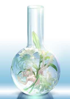 1girl akakokko_(niro_azarashi) barefoot birdmen_(manga) blonde_hair breasts completely_nude flower highres in_container in_water lily_(birdmen) lily_(flower) medium_breasts nipples nude open_mouth soles submerged tiny toes underwater