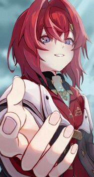 Rule 34 | 1girl, akira woz, ange katrina, ange katrina (1st costume), blue eyes, blush, cardigan, coat, commentary request, crossed bangs, diamond-shaped pupils, diamond (shape), foreshortening, gradient eyes, grey coat, grin, hair between eyes, hair intakes, highres, looking at viewer, medium hair, multicolored eyes, nijisanji, offering hand, purple eyes, red cardigan, red hair, single off shoulder, smile, solo, symbol-shaped pupils, upper body, virtual youtuber