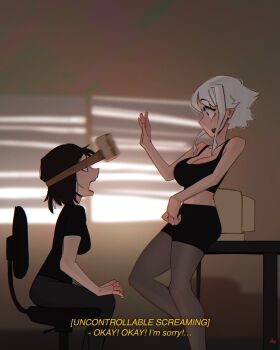 Rule 34 | 2girls, black hair, black shirt, black shorts, black tank top, chair, computer, english text, grawlix (shibansfw), grey eyes, grey pants, hands on own knees, head-mounted display, highres, midriff, multiple girls, office chair, open mouth, original, pants, pantyhose, shibansfw, shirt, shorts, sitting, swivel chair, table, tank top, white hair