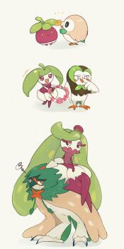 absurdres beak blush bounsweet dartrix decidueye evolutionary_line eyelashes flower flower_on_mouth gen_7_pokemon green_eyes highres hiryoou looking_at_another nintendo no_humans notice_lines pokemon pokemon_(creature) rowlet sitting smile squiggle steenee tsareena wings yellow_eyes yellow_flower