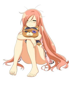 1girl barefoot black_trim blush button_eyes buttons closed_eyes convenient_censoring frills glasses holding holding_stuffed_toy kumapooh_(senran_kagura) long_hair messy_hair official_art orange_hair pink_negligee ranmaru_(senran_kagura) senran_kagura senran_kagura_new_wave shiny_skin simple_background sitting sleepy solo squishing stuffed_animal stuffed_toy teddy_bear very_long_hair white_background