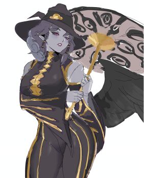 1girl absurdres agrat_bat_mahlat_(megami_tensei) alternate_breast_size black_hat black_wings bone braid breasts colored_sclera colored_skin demon_(megami_tensei) detached_sleeves dress eyelashes gialu_(xrta2222) grey_hair hat highres holding holding_umbrella large_breasts long_dress looking_at_viewer red_eyes shin_megami_tensei shin_megami_tensei_v shin_megami_tensei_v:_vengeance short_hair sketch solo thick_thighs thighs umbrella white_background white_skin wide_sleeves wings witch_hat