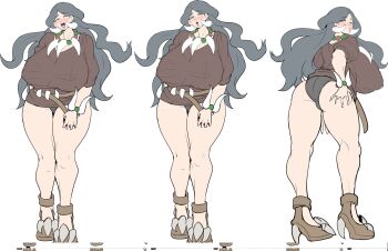 1girl ass blush breasts closed_eyes drasna_(pokemon) female_focus gilf high_heels highres huge_breasts jewelry julioalqae long_hair mature_female necklace nintendo open_mouth pokemon smile solo standing thick_thighs thighs tooth_necklace white_background