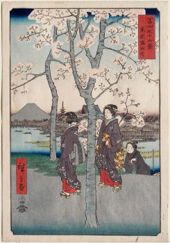 Rule 34 | 19th century, 3girls, 3others, ando hiroshige, architecture, black hair, blue sky, boat, city, east asian architecture, fine art parody, geta, gradient sky, grey kimono, grey sash, hair ornament, highres, japan, kimono, mount fuji, mountain, multiple girls, multiple others, nihonga, obi, original, outdoors, pale skin, parody, river, rowboat, rowing, sash, scenery, sky, thirty-six views of mount fuji (hiroshige), traditional media, translation request, tree, ukiyo-e, volcano, water, white sky, yellow sash