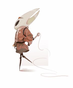 Rule 34 | 1girl, alternate costume, artist name, black eyes, coat, commentary, contemporary, flower, from side, full body, hair flower, hair ornament, hashtag-only commentary, highres, hightguy, hollow knight, hollow knight: silksong, hornet (hollow knight), horns, long sleeves, needle (hollow knight), red coat, red flower, red skirt, shadow, shoulder strap, skirt, solo, thread, walking, weapon strap, white background