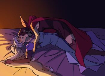 2girls alternate_costume arm_grab bed blush cape dress fangs flower gloves hair_flower hair_ornament long_hair multiple_girls on_bed open_mouth pinned pockicchi ponytail ruby_rose rwby short_hair skirt straddling thighhighs vampire weiss_schnee white_hair yuri