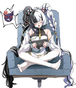 1girl absurdres ahoge anger_vein animal_print armchair bare_shoulders bear_print black_hair blush braid braided_twintails caseee999 chair china_dress chinese_clothes closed_eyes commentary_request corded_phone crossed_legs detached_sleeves dialyn_(zenless_zone_zero) dress earrings full_body hair_extensions hair_intakes hair_ornament hairclip handheld_game_console head_tilt highres holding holding_handheld_game_console jewelry long_hair multicolored_hair necktie nintendo_switch_2 no_shoes on_chair open_mouth panda_hair_ornament panda_print phone ring_hair_extensions simple_background sitting solo split-color_hair spoken_emoji talking_on_phone thighhighs very_long_hair white_background white_dress white_hair white_thighhighs wire yellow_necktie zenless_zone_zero