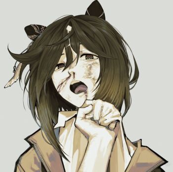 1girl animal_ears blood blood_from_mouth blood_on_face brown_eyes brown_hair brown_jacket bruise bruise_on_face clothes_grab collar_grab commentary ear_covers grey_background highres horse_ears horse_girl injury jacket medium_hair neckwear_grab nosebleed open_clothes open_jacket open_mouth pov shironism shirt simple_background solo stay_gold_(umamusume) umamusume white_shirt