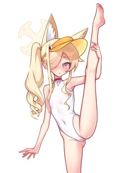 1girl absurdres animal_ear_fluff animal_ears armpits bare_shoulders blonde_hair blue_archive blush cameltoe covered_erect_nipples covered_navel cross_halo diamond_cutout extra_ears feet flat_chest fox_ears fox_girl gluteal_fold hair_over_one_eye halo hand_on_own_leg hat highleg highleg_one-piece_swimsuit highres loli long_hair moriforests one-piece_swimsuit one_eye_covered open_mouth red_eyes seia_(blue_archive) seia_(swimsuit)_(blue_archive) side_ponytail simple_background soles solo split standing standing_on_one_leg standing_split swimsuit thighs toes very_long_hair visor_cap white_background white_one-piece_swimsuit yellow_halo yellow_hat