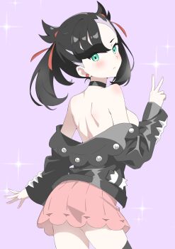 1girl absurdres armpit_crease ass bare_shoulders black_choker black_hair black_jacket black_thighhighs breasts choker clothes_pull commentary_request cowboy_shot dress dress_pull green_eyes hair_ribbon highres jacket looking_at_viewer marnie_(pokemon) matsuokalive10 medium_breasts nintendo off_shoulder pink_dress pokemon pokemon_swsh purple_background revision ribbon simple_background solo thighhighs twintails v