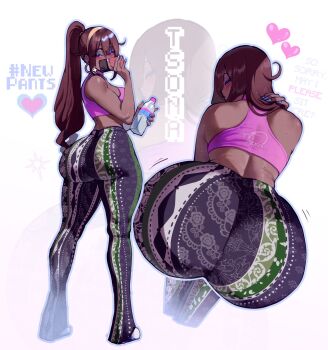1girl artist_self-insert ass ass_focus back breasts brown_hair cellphone dark-skinned_female dark_skin english_text eyeshadow forbidden_pants from_behind full_body hairband high_ponytail highres holding holding_phone huge_ass long_hair looking_back makeup medium_breasts multiple_views nyantcha original phone pink_sports_bra ponytail smartphone sports_bra thick_thighs thighs tsona_(nyantcha) very_dark_skin