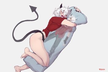 2girls ass black_horns black_nails blush closed_eyes dakimakura_(object) demon demon_girl demon_horns demon_tail drooling helltaker highres horns hugging_object malina_(helltaker) multiple_girls panties pillow red_shirt shirt short_hair siblings sleeping tail thighs underwear vosmon white_hair zdrada_(helltaker)