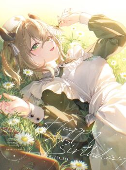 1girl :d animal_ears apron blonde_hair breasts collared_dress commentary contrast_collar crossed_bangs dated day double-parted_bangs dress english_commentary film_grain flower frilled_apron frilled_dress frills green_dress green_eyes hair_between_eyes hair_ribbon happy_birthday hat highres holding holding_flower indie_virtual_youtuber large_breasts long_sleeves looking_at_viewer lying name_tag nimi_nightmare nimi_nightmare_(1st_costume) nurse_cap official_artist_extra on_back on_grass one_side_up open_mouth outdoors ribbon round_collar short_hair sleeve_cuffs smile solo tapir_ears tapir_girl toosaka_asagi virtual_youtuber watermark white_apron white_hat white_ribbon