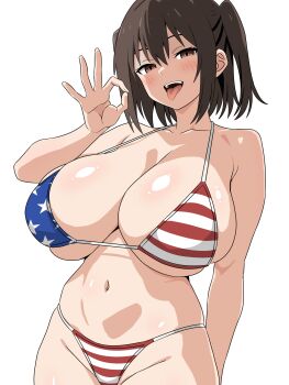 1girl absurdres alternate_breast_size_(larger) american_flag american_flag_bikini american_flag_print armpit_crease bikini breasts brown_eyes brown_hair collarbone commentary_request cowboy_shot eyelashes fellatio_gesture flag_print flag_print_bikini hair_between_eyes hand_up highleg highleg_bikini highres huge_breasts kantai_collection looking_at_viewer medium_hair micro_bikini migikoba navel open_mouth print_bikini sendai_(kancolle) simple_background skindentation solo stomach swimsuit tongue tongue_out two_side_up white_background