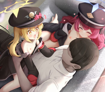 1boy 2girls absurdres age_difference black_hair blonde_hair blue_archive blue_halo ffm_threesome flasher_(flasher_ura) flat_chest girl_on_top group_sex halo highres ibuki_(blue_archive) iroha_(blue_archive) loli long_hair looking_at_another multiple_girls nipples open_mouth red_hair shirt side_ponytail threesome white_shirt yellow_eyes yellow_halo