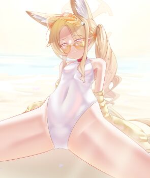 absurdres animal_ears blonde_hair blue_archive breasts choker commentary english_commentary fox_ears fox_girl fox_tail halo highres jaaaaambunsfw large_ears loli loose_clothes seia_(blue_archive) seia_(swimsuit)_(blue_archive) side_ponytail simple_background small_breasts sunglasses swimsuit tail thighs visor_cap