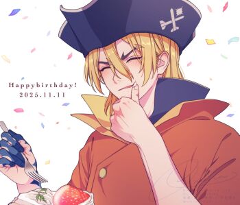 1boy ^_^ birthday birthday_cake blonde_hair blue_skin blush cake cake_slice closed_eyes colored_skin confetti cream dated dr._stone fingernails food food_on_face fork fruit hair_between_eyes happy_birthday hashtag-only_commentary hat holding holding_fork jacket licking licking_finger male_focus multicolored_skin nanami_ryuusui omiomi038 orange_jacket pirate_hat smile solo strawberry tongue tongue_out upper_body white_background
