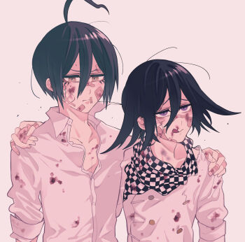 Rule 34 | 2boys, ahoge, arm around shoulder, bandaid, bandaid on face, bandaid on finger, bandaid on hand, bandaid on nose, black hair, blood, blood stain, bruise, bruise on face, bruise on neck, buttons, checkered clothes, checkered scarf, collarbone, collared shirt, commentary request, danganronpa (series), danganronpa v3: killing harmony, disheveled, flipped hair, hair between eyes, half-closed eyes, hickey, highres, implied yaoi, injury, keshi o00o, licking lips, long sleeves, lower eyelashes only, male focus, medium hair, multiple boys, nosebleed, oma kokichi, pink background, pink theme, purple eyes, saihara shuichi, scarf, shirt, short hair, simple background, smirk, smug, tongue, tongue out, upper body, white shirt, wilted ahoge