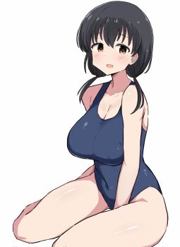 Rule 34 | 1girl, black hair, blue one-piece swimsuit, blush, breasts, brown eyes, cleavage, commentary request, highres, jindai komaki, large breasts, looking at viewer, low twintails, medium hair, one-piece swimsuit, open mouth, pinepine1212, saki (manga), school swimsuit, simple background, sitting, smile, solo, swimsuit, twintails, white background