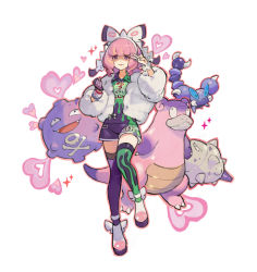 1girl asymmetrical_legwear blue_eyes bracelet collared_shirt dynamax_band fur_jacket galarian_slowbro gen_1_pokemon gen_4_pokemon gloves grey_gloves hands_up heart jacket jewelry klara_(pokemon) koffing mismatched_legwear mole mole_under_mouth nintendo outline pink_hair pokemon pokemon_swsh shaded_face shirt shoes short_hair shorts simple_background single_glove skorupi starshadowmagician thighhighs v white_background white_footwear white_jacket