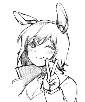 1girl animal_ears arknights blush breasts catapult_(arknights) cleavage closed_mouth commentary_request earclip greyscale horse_ears horse_girl jacket looking_at_viewer medium_breasts monochrome one_eye_closed open_clothes open_jacket portrait sadahiro_(chicken_nugget_gyuuniku_aji) short_hair simple_background sketch smile solo v