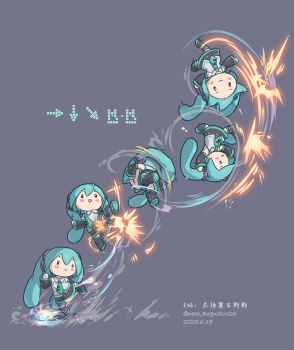 absurdres blue_hair blush_stickers bow bowtie capoeira chibi chinese_commentary command_input commentary_request dated elena_(street_fighter) fighting_game green_bow green_bowtie hatsune_miku highres kicking long_hair nero_augustus signature simple_background skirt street_fighter street_fighter_6 twintails twitter_username vocaloid