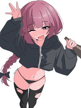 black_thighhighs bocchi_the_rock! bottle bow fang flat_chest hair_bow hand_up highres hiroi_kikuri holding holding_bottle looking_at_viewer navel one_eye_closed panties purple_eyes purple_hair simple_background sketchsamo stomach tagme thighhighs torn_clothes torn_thighhighs underwear white_background zipper