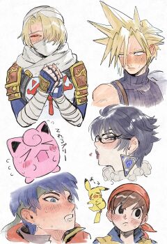 &gt;_&lt; 1girl 4boys absurdres bandana bayonetta bayonetta_(series) bayonetta_2 black_hair blonde_hair blue_eyes blue_hair blush brown_hair cloud_strife dancho_no_mori dragon_quest dragon_quest_viii earrings final_fantasy final_fantasy_vii fire_emblem fire_emblem:_path_of_radiance gen_1_pokemon glasses hero_(dq8) highres ike_(fire_emblem) jewelry jigglypuff lips multiple_boys nintendo own_hands_together pikachu pokemon pokemon_(creature) red_eyes sheik short_hair super_smash_bros. the_legend_of_zelda