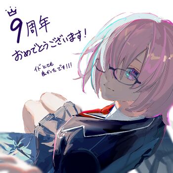 Rule 34 | 1girl, anniversary, black-framed eyewear, black jacket, black skirt, blazer, collared shirt, fate/grand order, fate (series), from above, glasses, hair over one eye, happy anniversary, invisible chair, jacket, legs together, looking at viewer, looking up, mash kyrielight, necktie, official alternate costume, pink hair, pleated skirt, purple eyes, red necktie, school uniform, shirt, short hair, simple background, sitting, skirt, smile, solo, ubwmitekure, white background, white shirt, wing collar