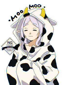 Rule 34 | 1girl, animal costume, animal hood, animal print, artist name, closed eyes, commentary request, cow costume, cow print, elf, frieren, grey hair, hood, hood up, kizuka2020, light smile, long hair, parted bangs, pointy ears, solo, sousou no frieren, thick eyebrows, upper body, white background