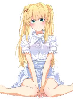 Rule 34 | 1girl, absurdres, barefoot, between legs, blonde hair, blue skirt, blush, commentary, eyes visible through hair, feet out of frame, green eyes, hair between eyes, hair intakes, hair ornament, hand between legs, high-waist skirt, highres, kyamiuu, long hair, looking at viewer, neck ribbon, official alternate costume, parted lips, puffy short sleeves, puffy sleeves, ribbon, shirt, short sleeves, sidelocks, simple background, sitting, skirt, solo, straight hair, summer pockets, tsumugi wenders, twintails, v arms, wariza, white background, white ribbon, white shirt, x hair ornament