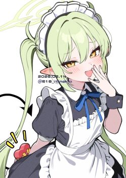 Rule 34 | 1girl, blue archive, chocolate, commentary request, demon tail, fang, food, green hair, green halo, halo, highres, holding, holding chocolate, holding food, itinana, looking at viewer, maid, maid headdress, nozomi (blue archive), pointy ears, simple background, smug, solo, tail, twintails, white background, wrist cuffs, yellow eyes
