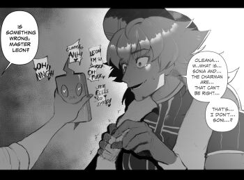 1boy bad_id bad_twitter_id cheating_(relationship) commentary_request cuck empty_eyes english_text gen_4_pokemon greyscale hat heart heart-shaped_pupils holding holding_phone implied_sex leon_(pokemon) letterboxed monochrome nintendo nyantcha oleana_(pokemon) phone pokemon pokemon_(creature) pokemon_swsh profanity rotom rotom_phone solo_focus speech_bubble symbol-shaped_pupils tearing_up towel towel_around_neck trembling