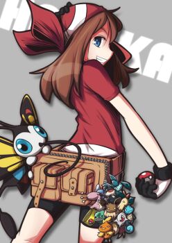 bandana beautifly black_shorts blue_eyes brown_bag brown_hair bug bulbasaur character_charm character_name charm_(object) combusken commentary_request eevee fanny_pack gen_1_pokemon gen_3_pokemon gen_4_pokemon glaceon gloves grey_background guriko_(mossari) hand_on_headwear holding holding_poke_ball looking_back may_(pokemon) medium_hair munchlax nintendo poke_ball poke_ball_(basic) pokemon pokemon_(anime) pokemon_(creature) pokemon_rse_(anime) red_bandana red_shirt shirt shorts silcoon simple_background skitty smile squirtle teeth torchic wartortle white_gloves wurmple