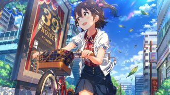1girl bag bicycle bicycle_basket blue_sky blush brown_eyes brown_hair building card_commentary city cloud commentary_request day game_cg hair_ornament hairclip hood hoodie idolmaster idolmaster_million_live! idolmaster_million_live!_theater_days kasuga_mirai leaf looking_to_the_side narumi_arata official_art one_side_up open_mouth outdoors pleated_skirt puffy_short_sleeves puffy_sleeves short_hair short_sleeves skirt sky smile solo sunlight third-party_source tree
