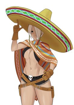 1girl absurdres angel_(kof) blue_eyes breasts calavera cleavage commentary english_commentary gloves hair_over_one_eye hat highres index_fingers_raised large_breasts looking_at_viewer mexican_clothes mexico midriff navel official_alternate_costume poncho short_hair simple_background smile snk solo sombrero stomach the_king_of_fighters the_king_of_fighters_xiv toned toned_female tonyingredg underwear white_hair